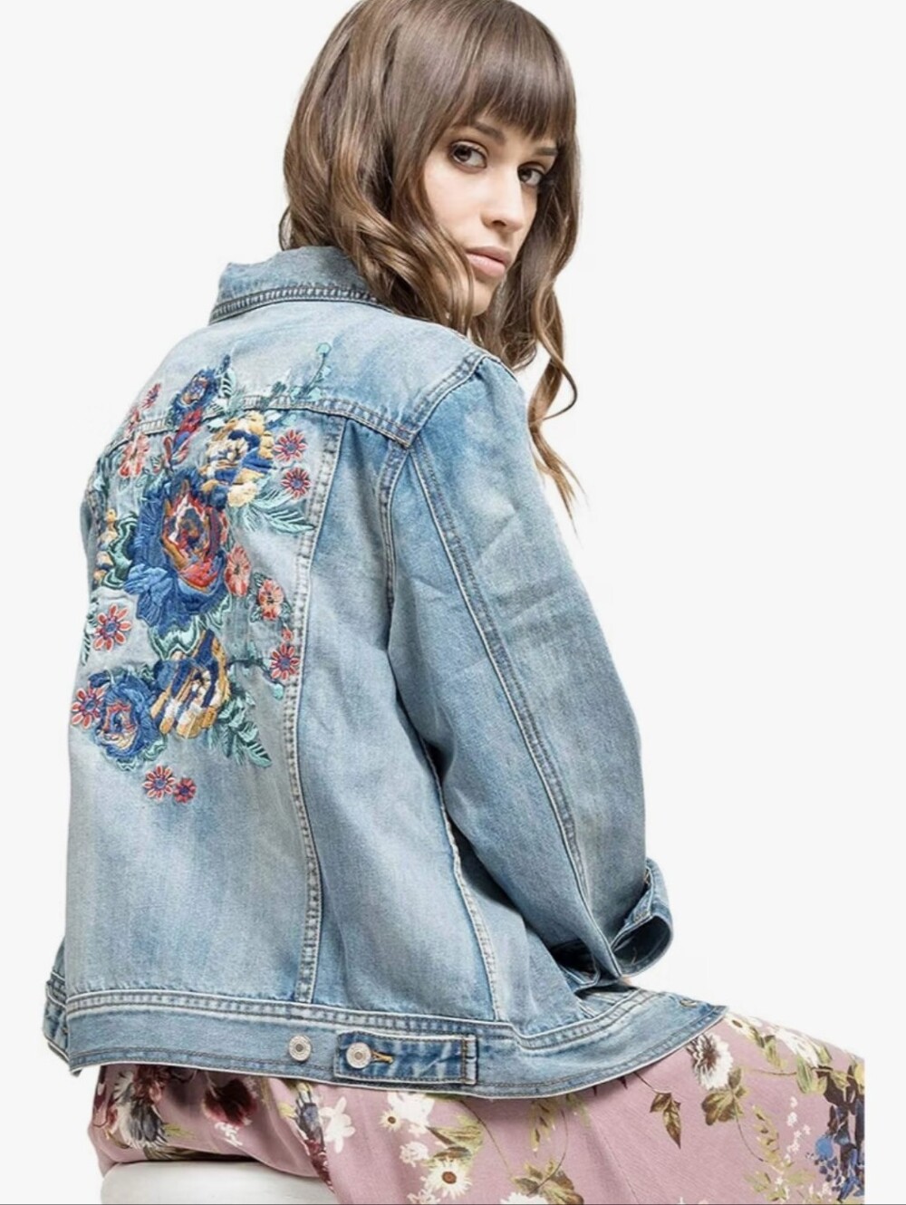 Blu Pepper Light Wash Embroidered Denim Jacket - Floral Back Detail - SIze: M